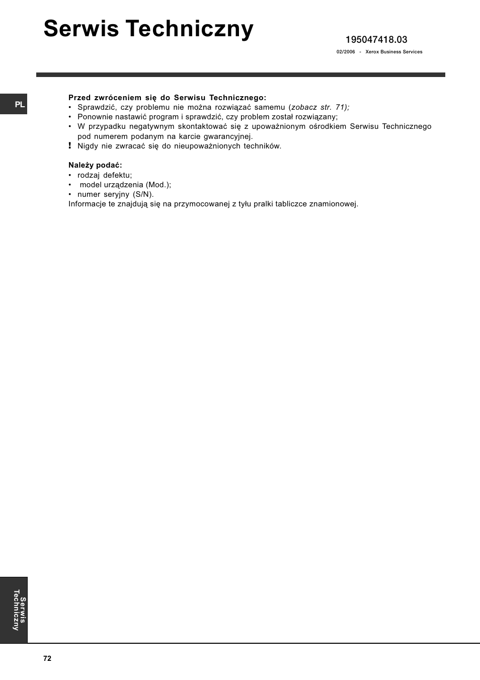 Serwis techniczny | Indesit WITL 85 User Manual | Page 72 / 72