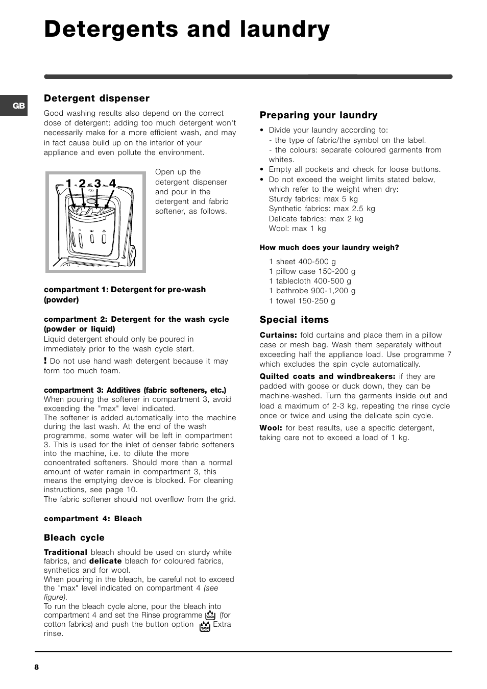 Detergents and laundry | Indesit WITL 85 User Manual | Page 8 / 72