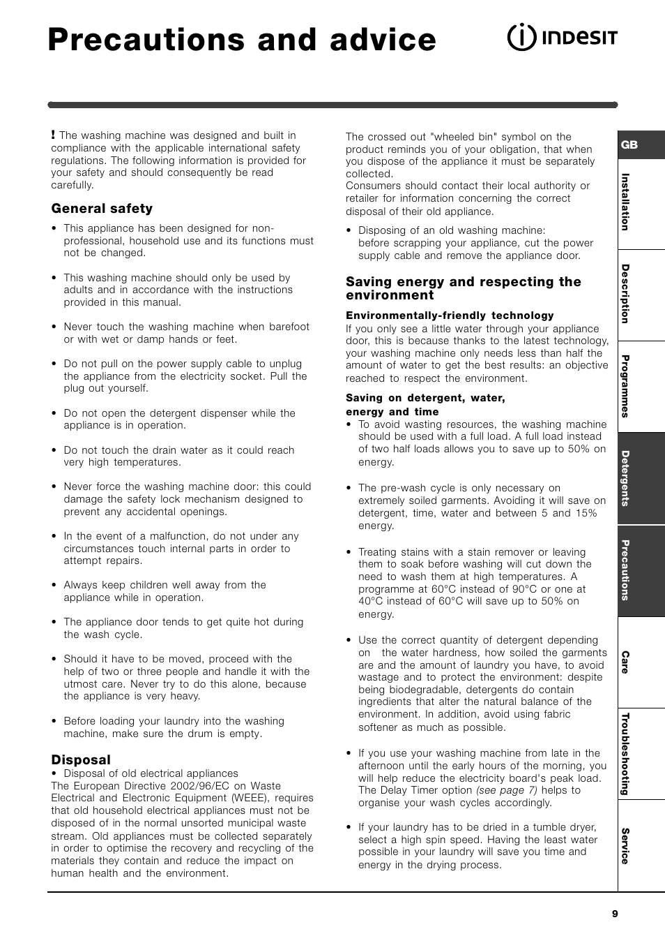 Precautions and advice, General safety, Disposal | Saving energy and respecting the environment | Indesit WITL 85 User Manual | Page 9 / 72