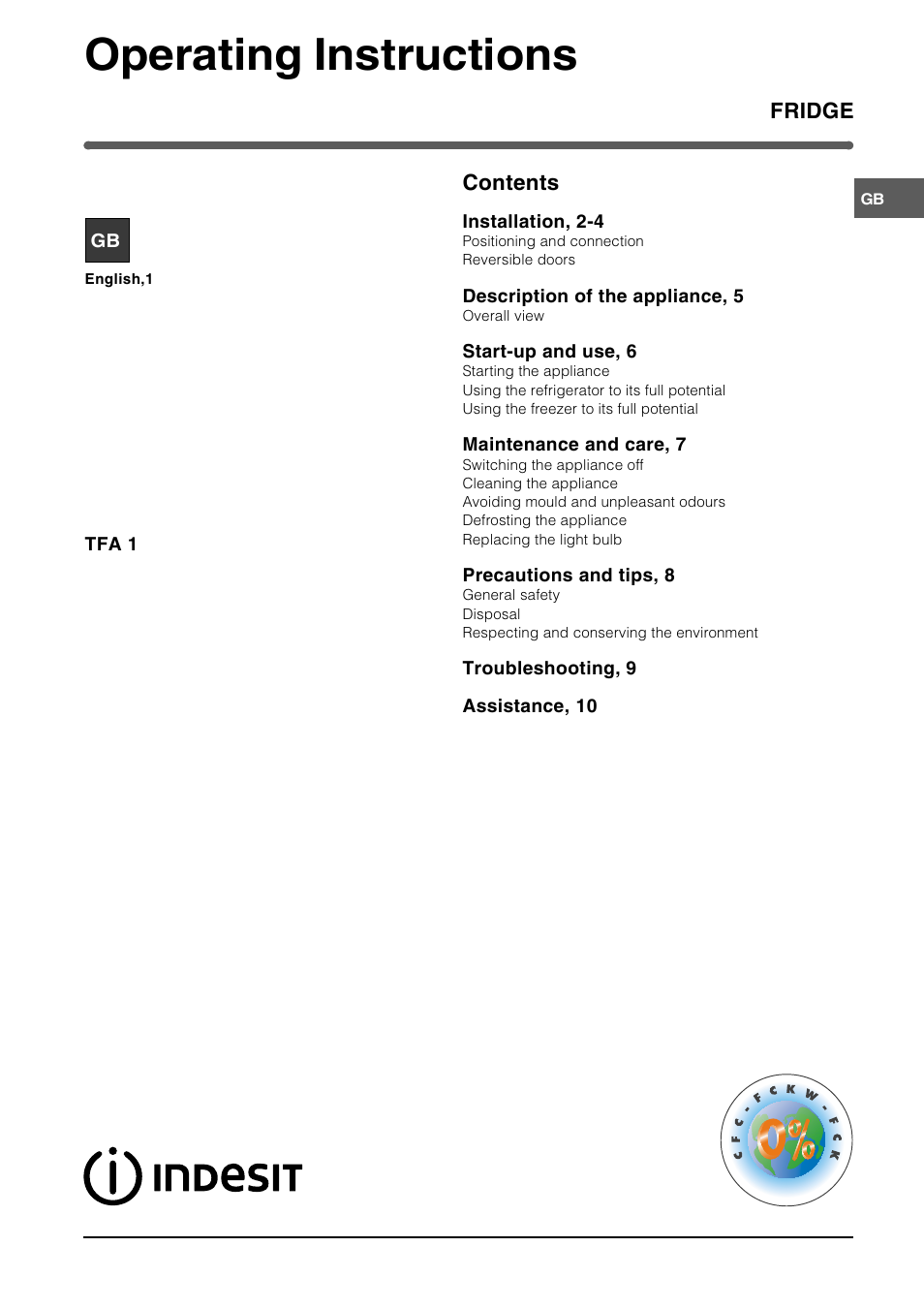 Indesit TFA1 User Manual | 12 pages