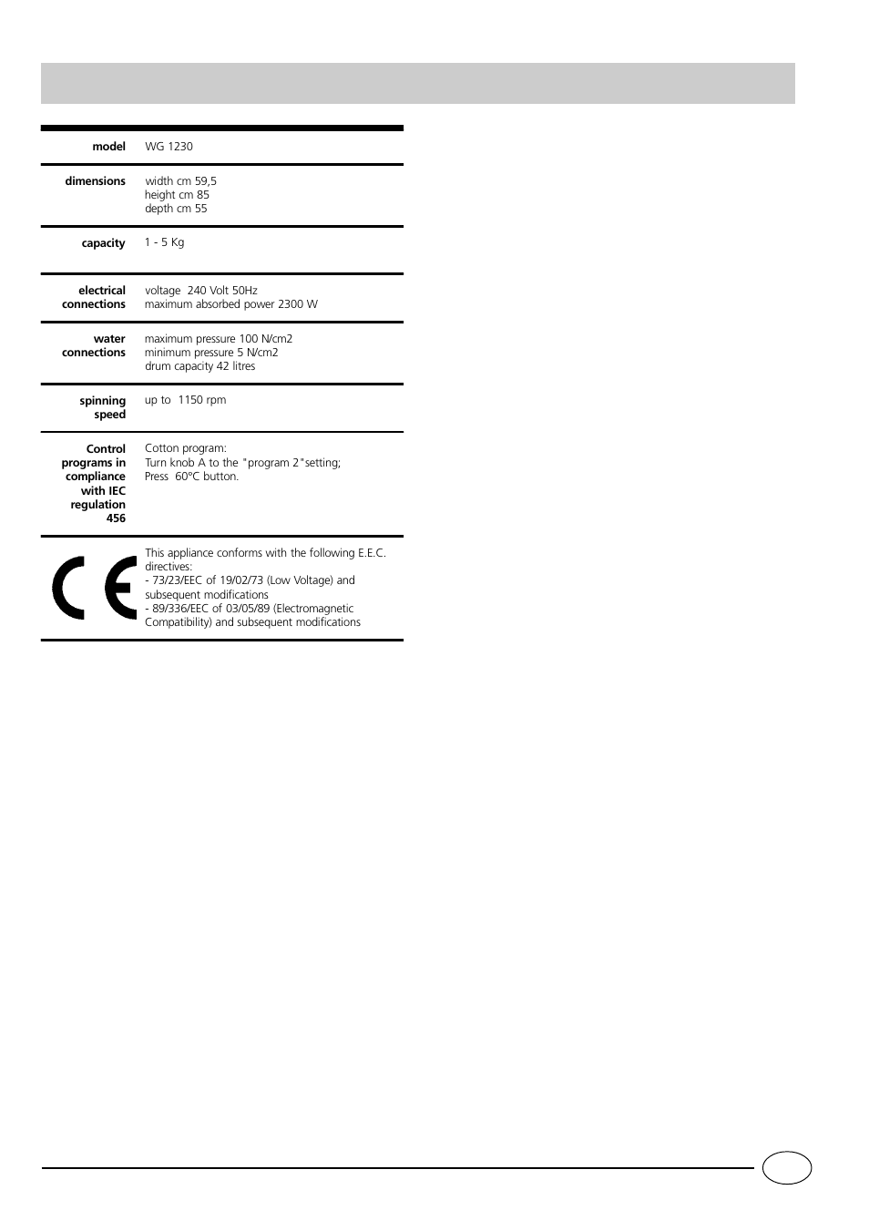 Technical characteristics | Indesit WG1030G User Manual | Page 13 / 16