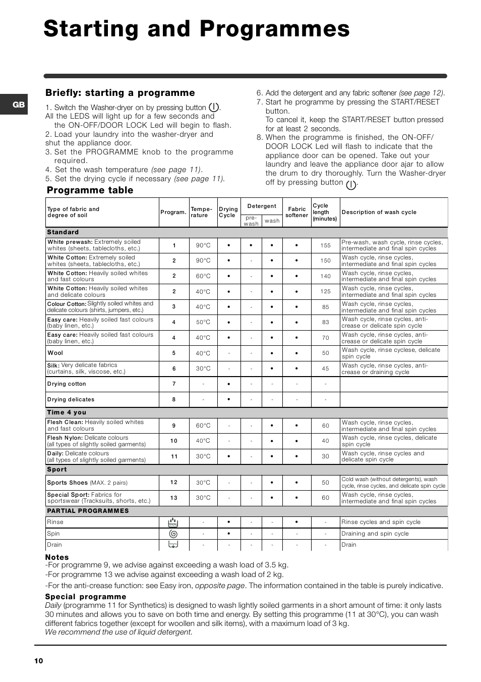 Starting and programmes, Programme table briefly: starting a programme | Indesit IWDE 126 User Manual | Page 10 / 20