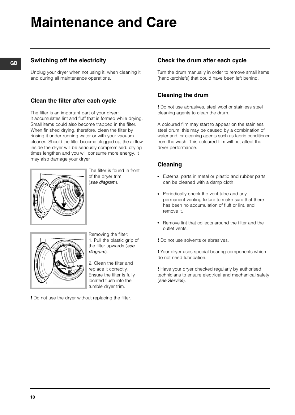 Maintenance and care | Indesit ISA60V User Manual | Page 10 / 12
