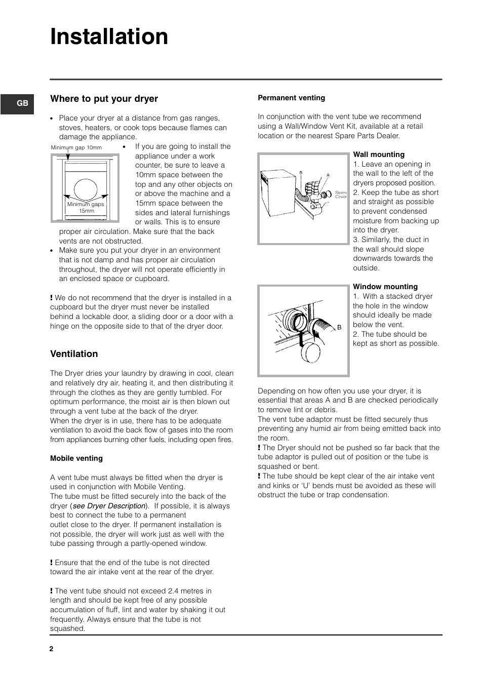 Installation, Where to put your dryer, Ventilation | Indesit ISA60V User Manual | Page 2 / 12