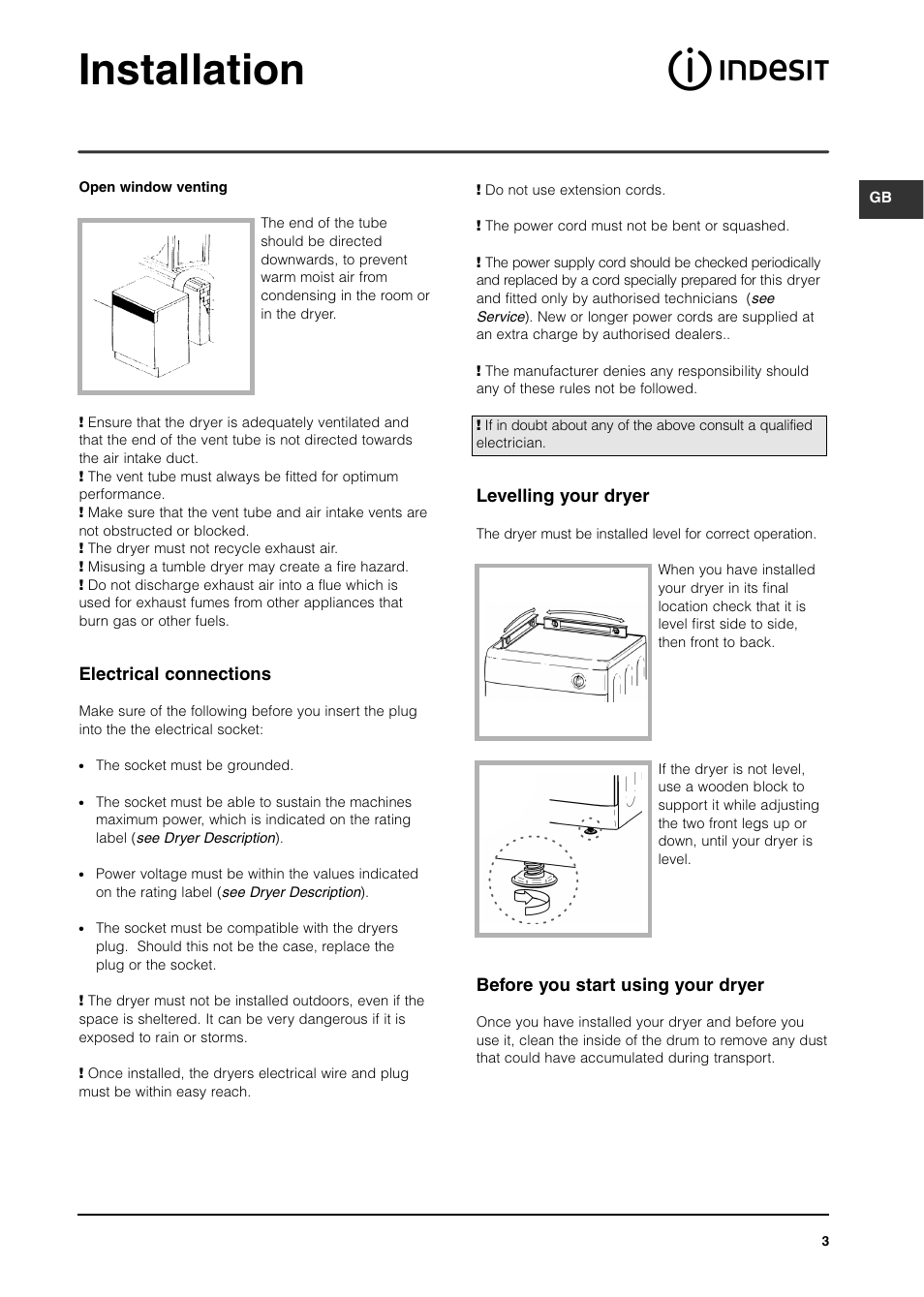Installation, Electrical connections, Levelling your dryer | Before you start using your dryer | Indesit ISA60V User Manual | Page 3 / 12