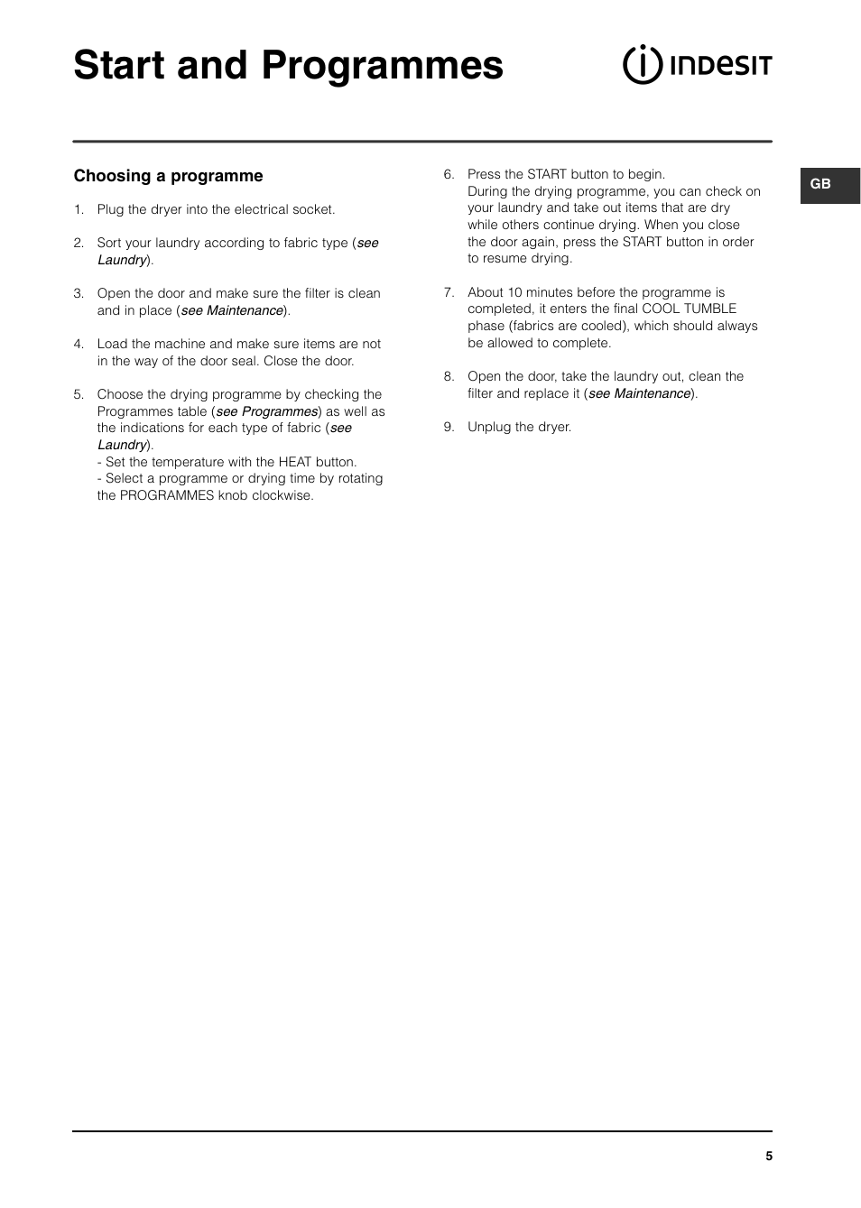 Start and programmes | Indesit ISA60V User Manual | Page 5 / 12
