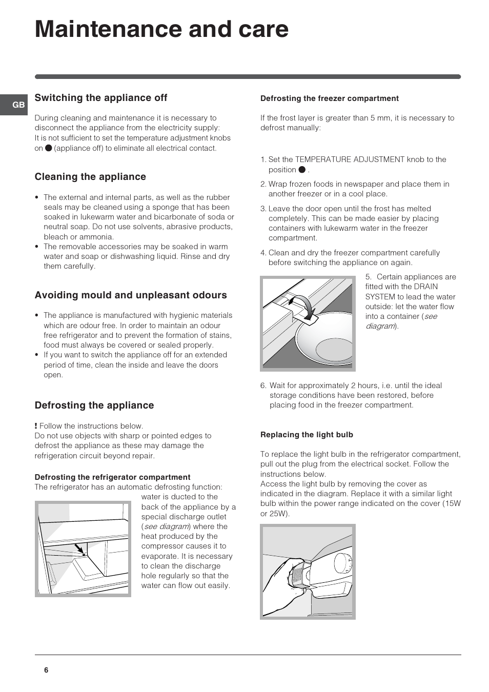 Maintenance and care | Indesit IN C 325 AI UK User Manual | Page 6 / 12