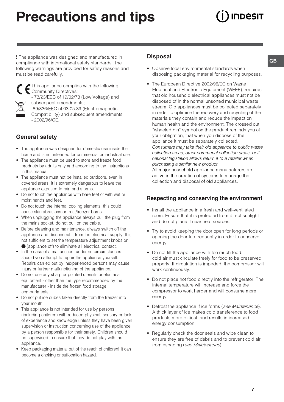 Precautions and tips, General safety, Disposal | Respecting and conserving the environment | Indesit IN C 325 AI UK User Manual | Page 7 / 12