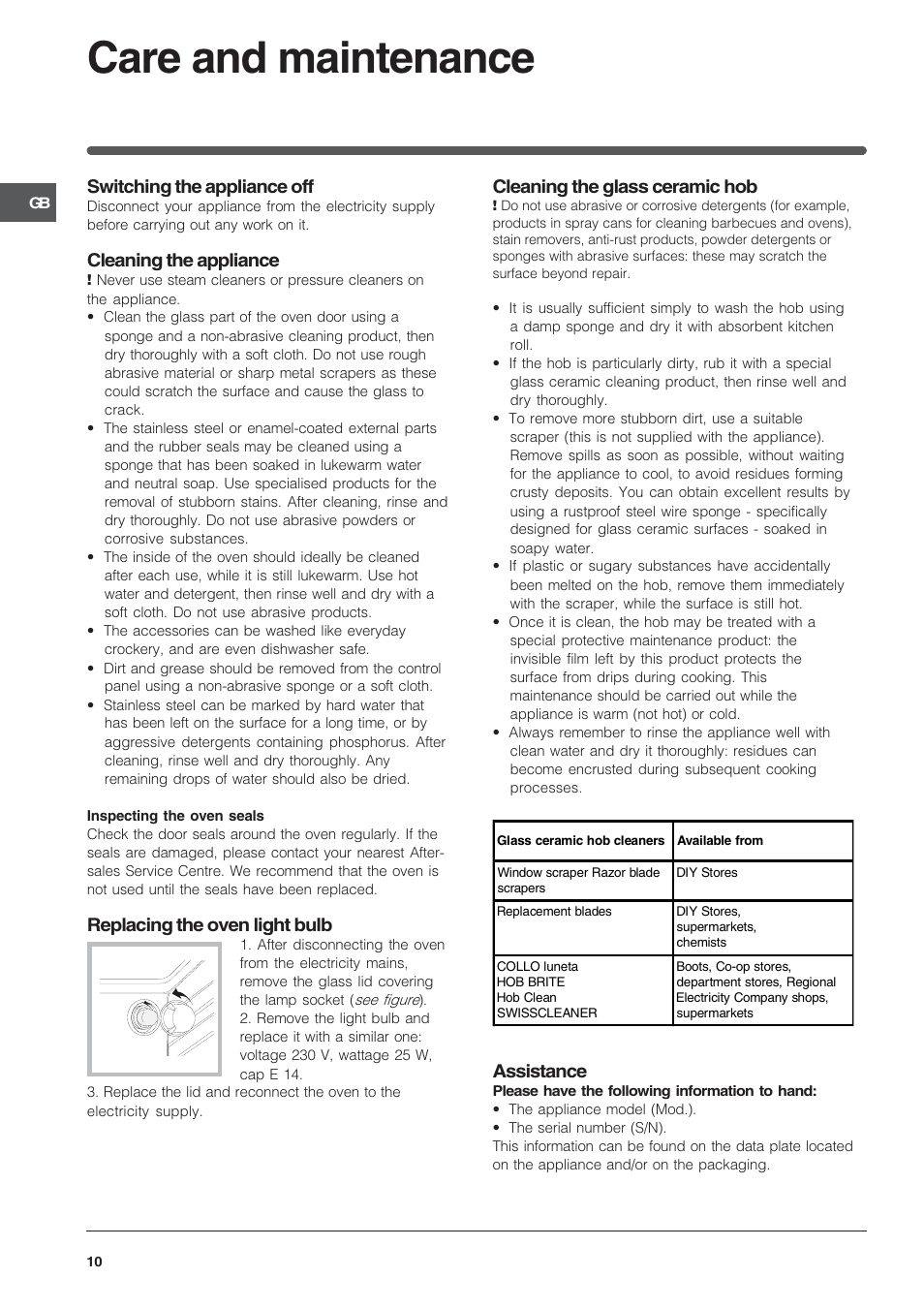 Care and maintenance, Switching the appliance off, Cleaning the appliance | Replacing the oven light bulb, Leaning the glass ceramic hob, Assistance | Indesit K6C32/G User Manual | Page 10 / 12
