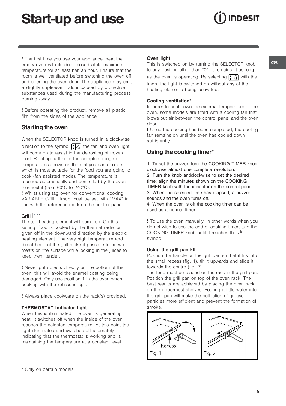 Start-up and use, Starting the oven, Using the cooking timer | Indesit K6C32/G User Manual | Page 5 / 12