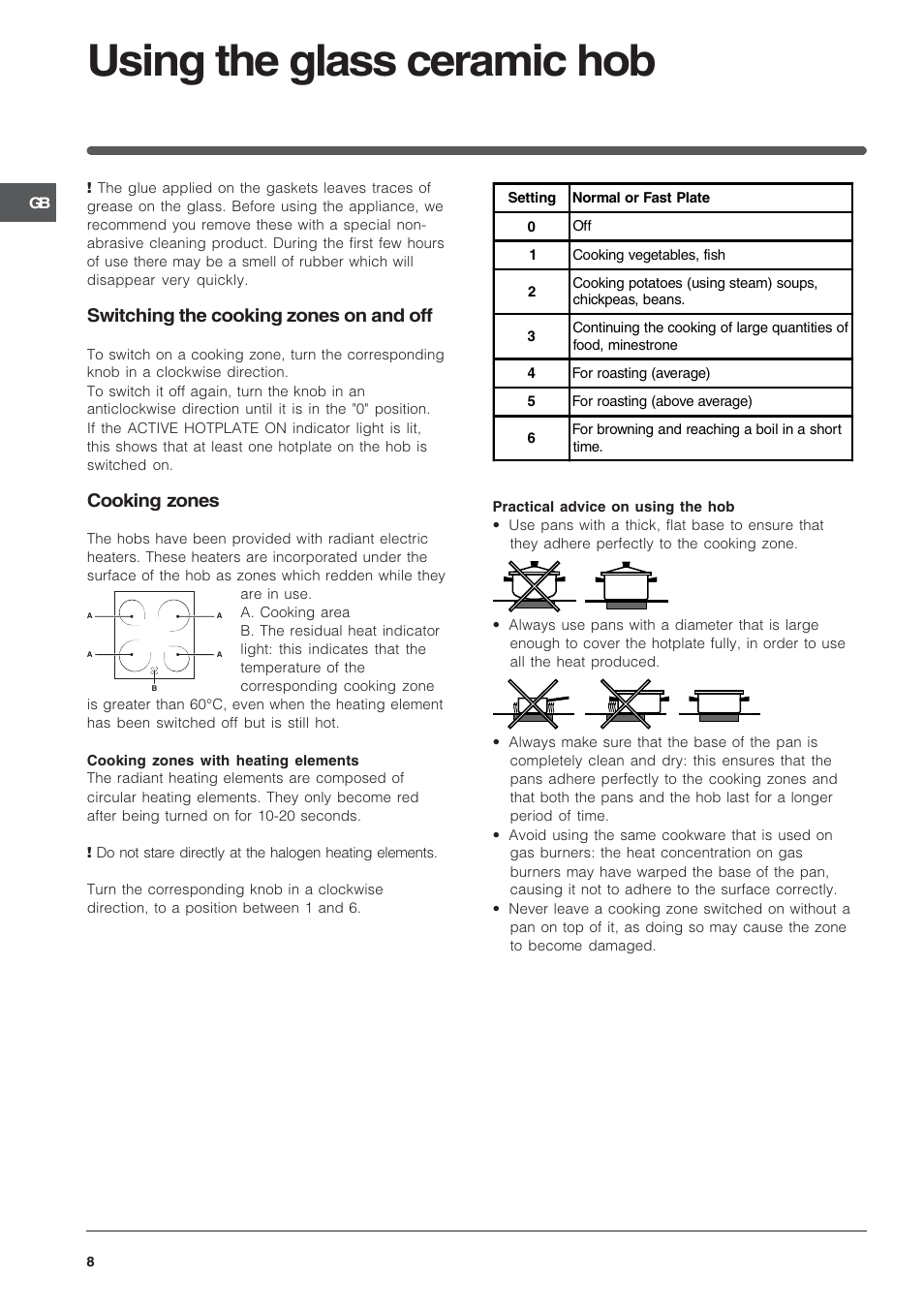 Using the glass ceramic hob, Switching the cooking zones on and off, Cooking zones | Indesit K6C32/G User Manual | Page 8 / 12