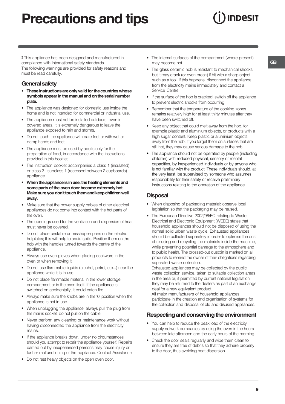 Precautions and tips, General safety, Disposal | Respecting and conserving the environment | Indesit K6C32/G User Manual | Page 9 / 12