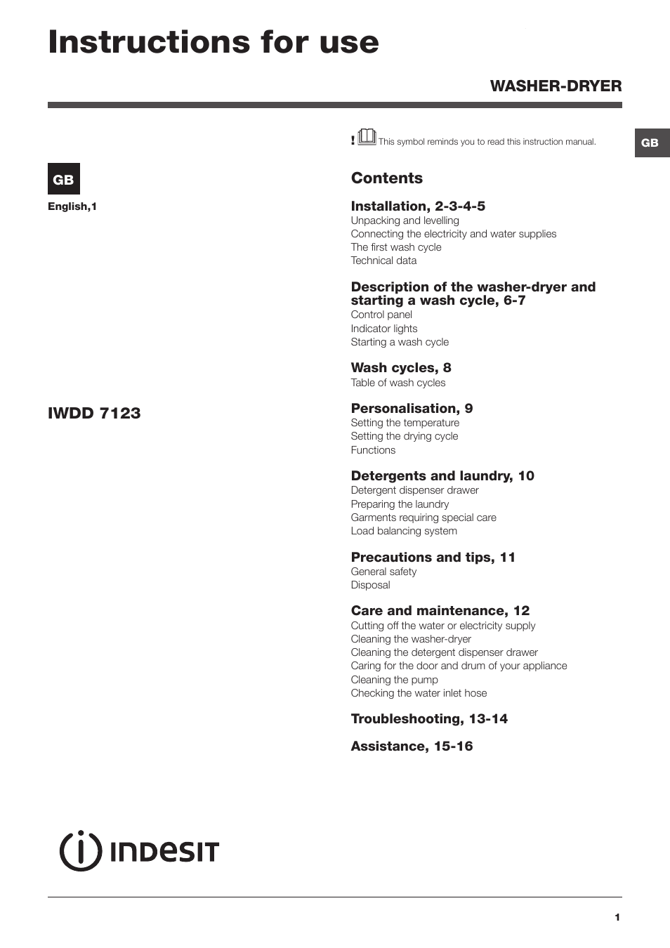 Indesit GB IWDD 7123 User Manual | 16 pages