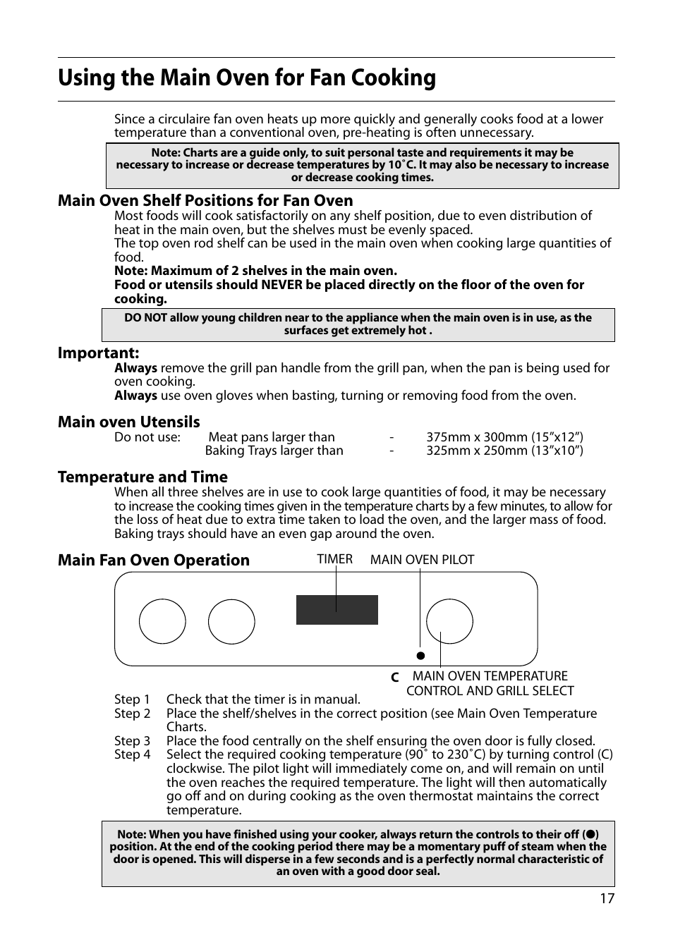 Using the main oven for fan cooking, Main oven shelf positions for fan oven, Important | Main oven utensils, Temperature and time, Main fan oven operation | Indesit FIU20 User Manual | Page 19 / 36