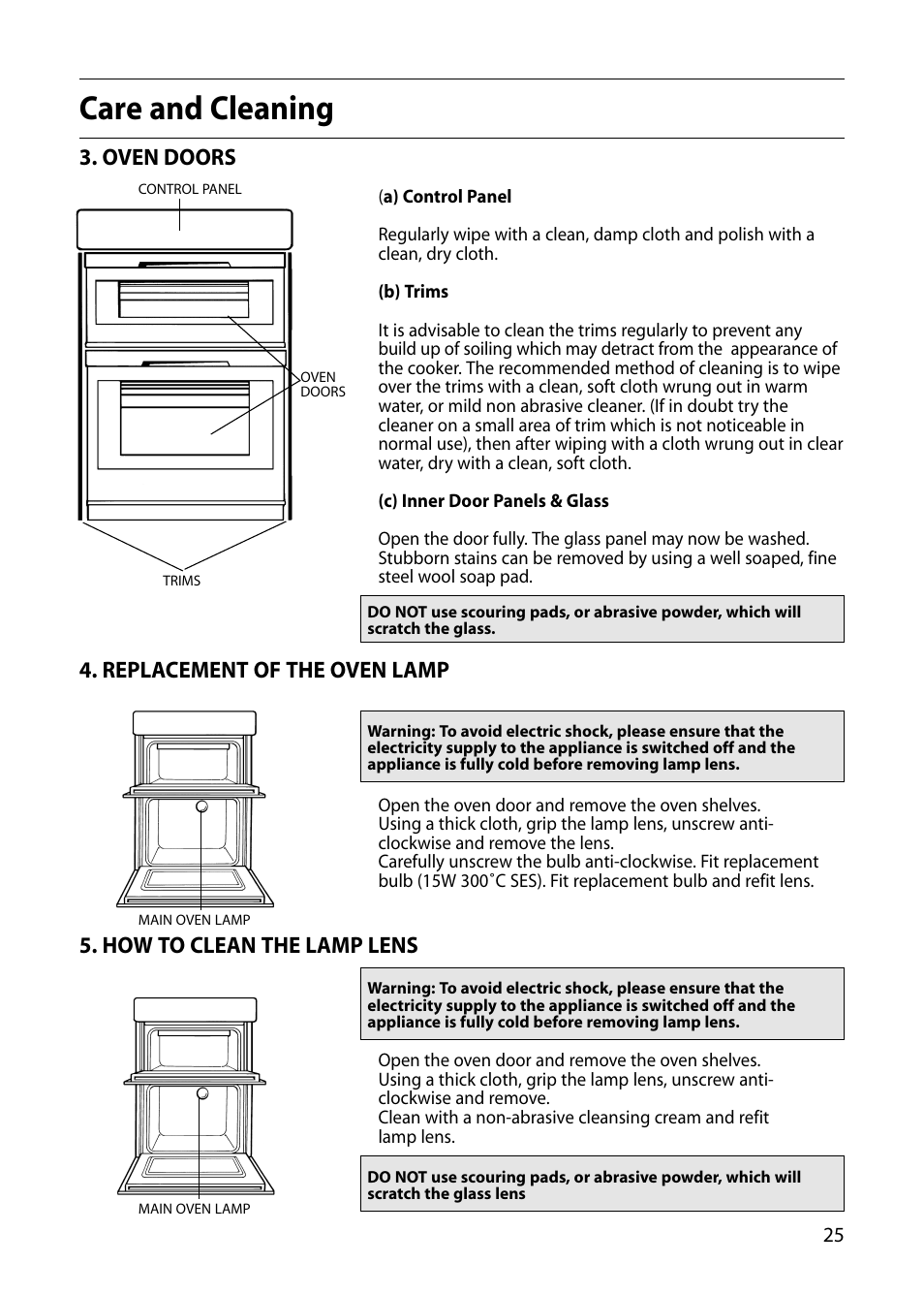 Care and cleaning, Oven doors, Replacement of the oven lamp | How to clean the lamp lens | Indesit FIU20 User Manual | Page 27 / 36