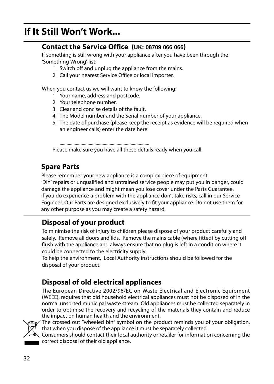 If it still won’t work, Contact the service office, Disposal of your product | Disposal of old electrical appliances, Spare parts | Indesit FIU20 User Manual | Page 34 / 36