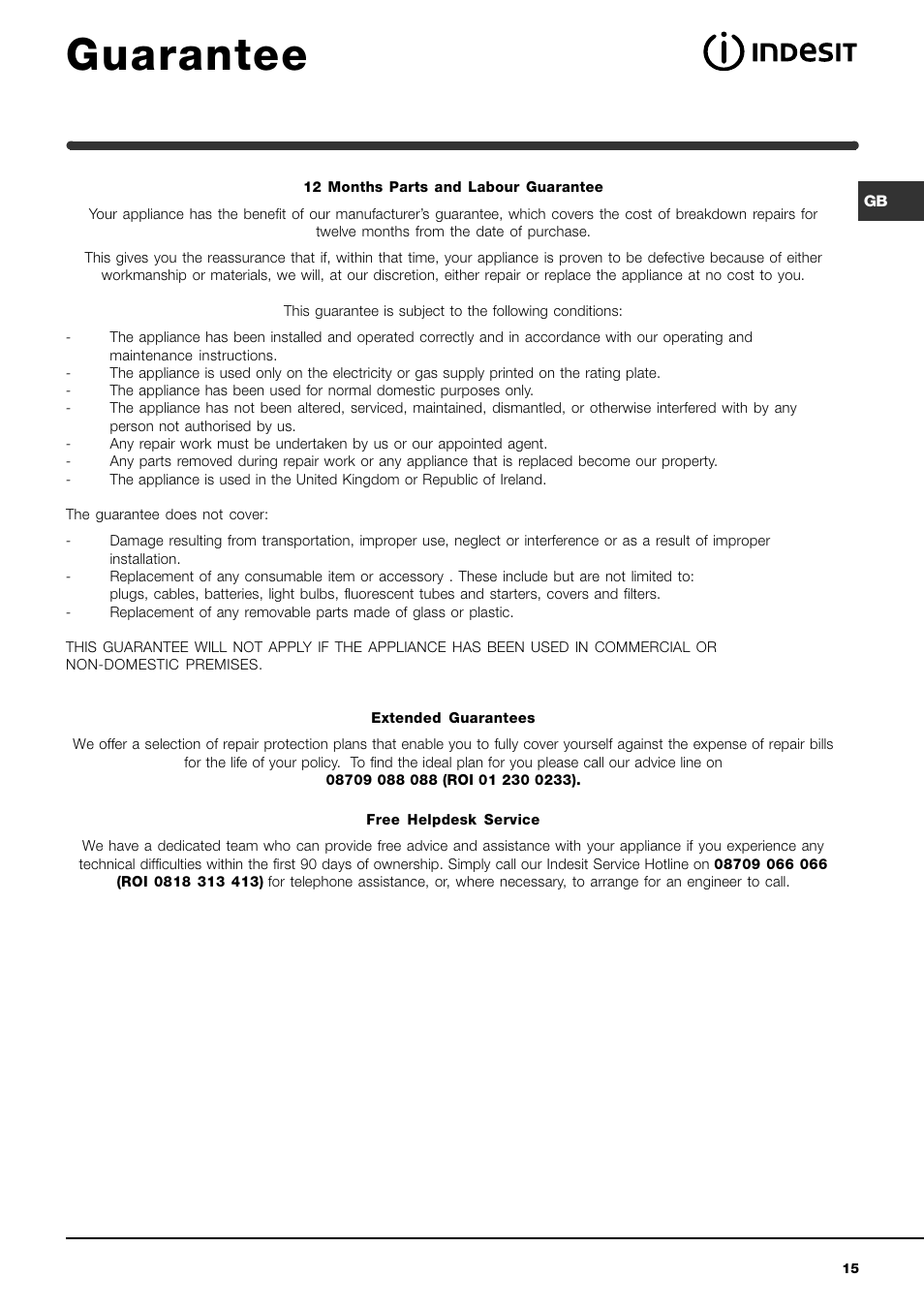 Guarantee | Indesit WIXL 133 User Manual | Page 15 / 16