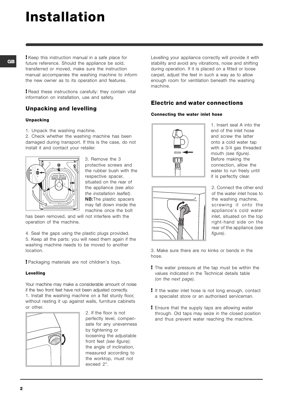 Installation, Unpacking and levelling, Electric and water connections | Indesit WIXL 133 User Manual | Page 2 / 16
