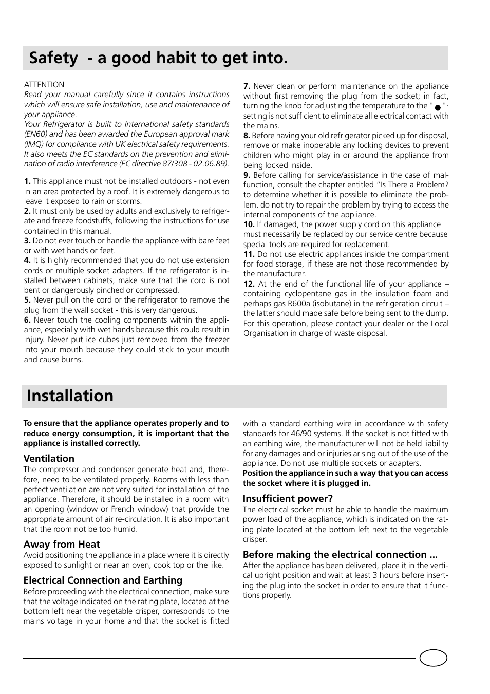 Safety - a good habit to get into. installation | Indesit IN C 265 AI User Manual | Page 3 / 13