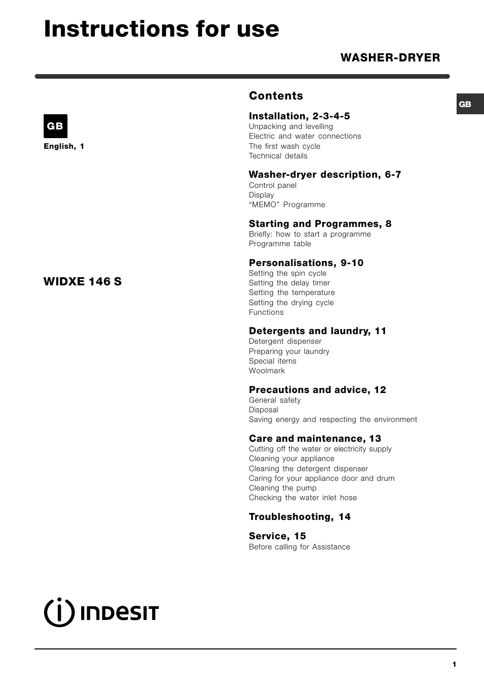 Indesit WIDXE 146 S User Manual | 16 pages