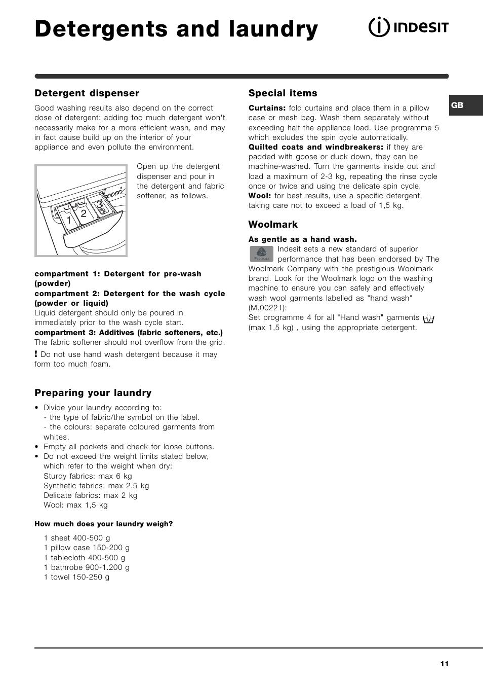 Detergents and laundry | Indesit WIDXE 146 S User Manual | Page 11 / 16