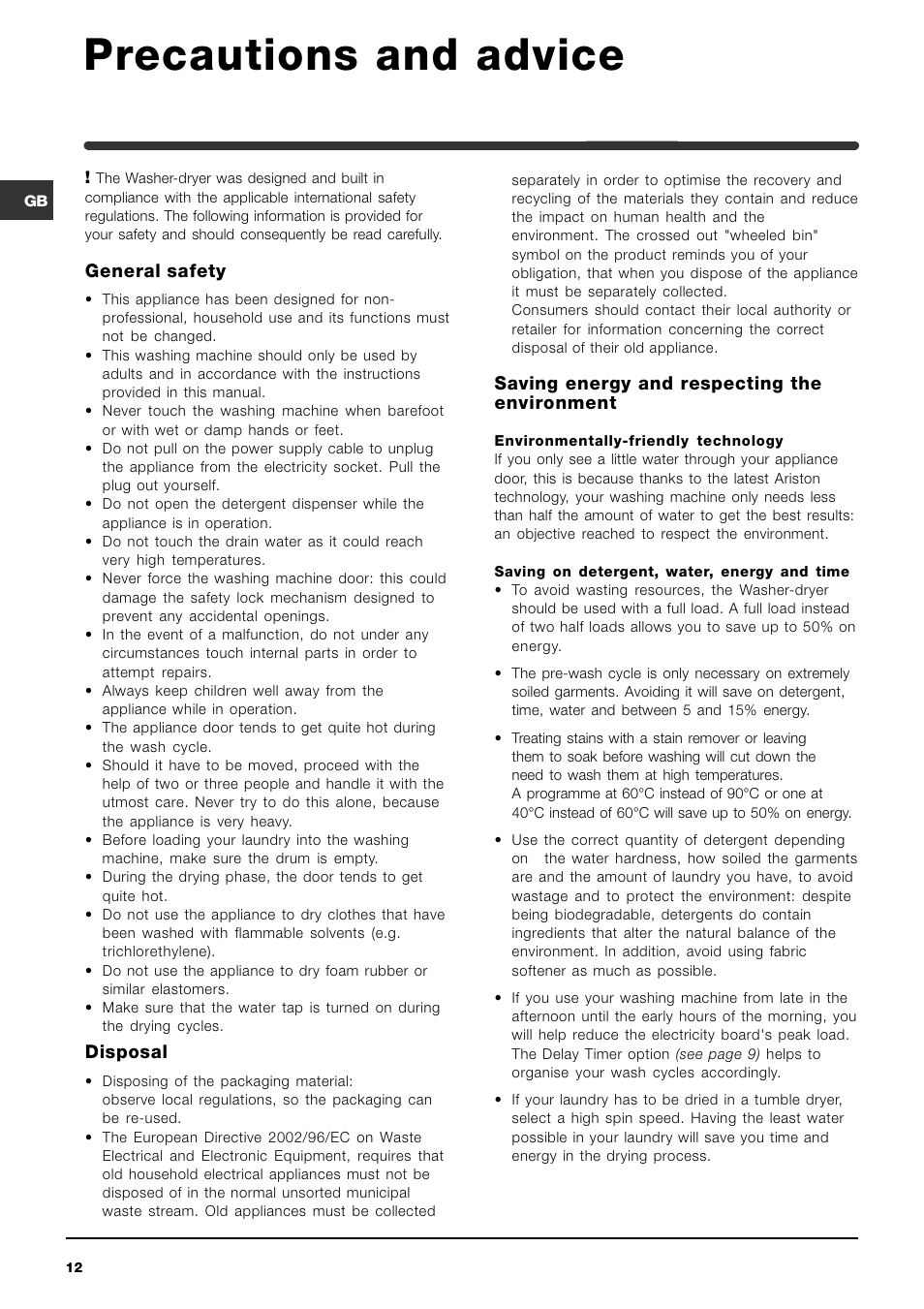 Precautions and advice, General safety, Disposal | Saving energy and respecting the environment | Indesit WIDXE 146 S User Manual | Page 12 / 16