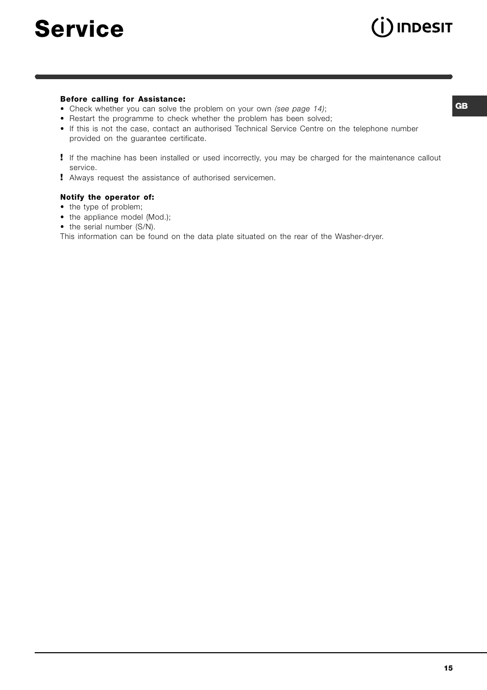 Service | Indesit WIDXE 146 S User Manual | Page 15 / 16