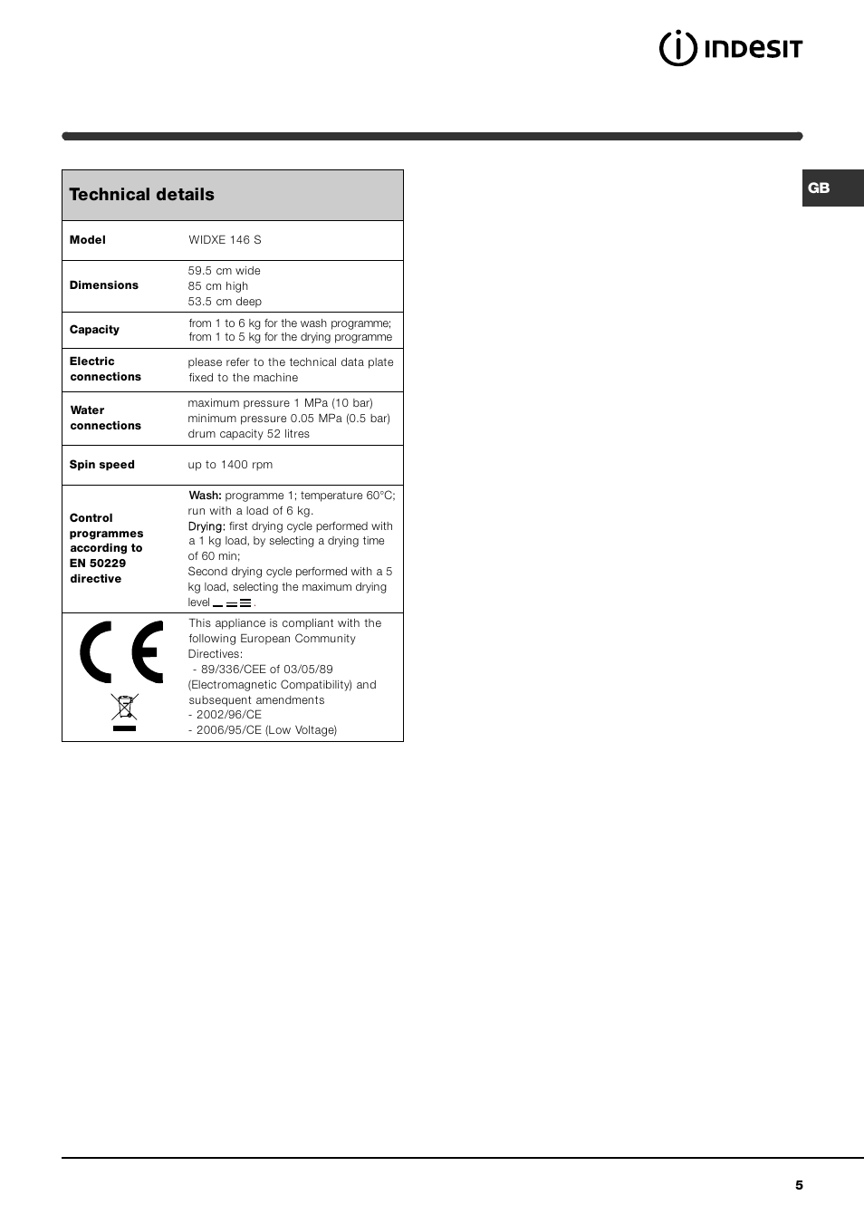 Technical details | Indesit WIDXE 146 S User Manual | Page 5 / 16