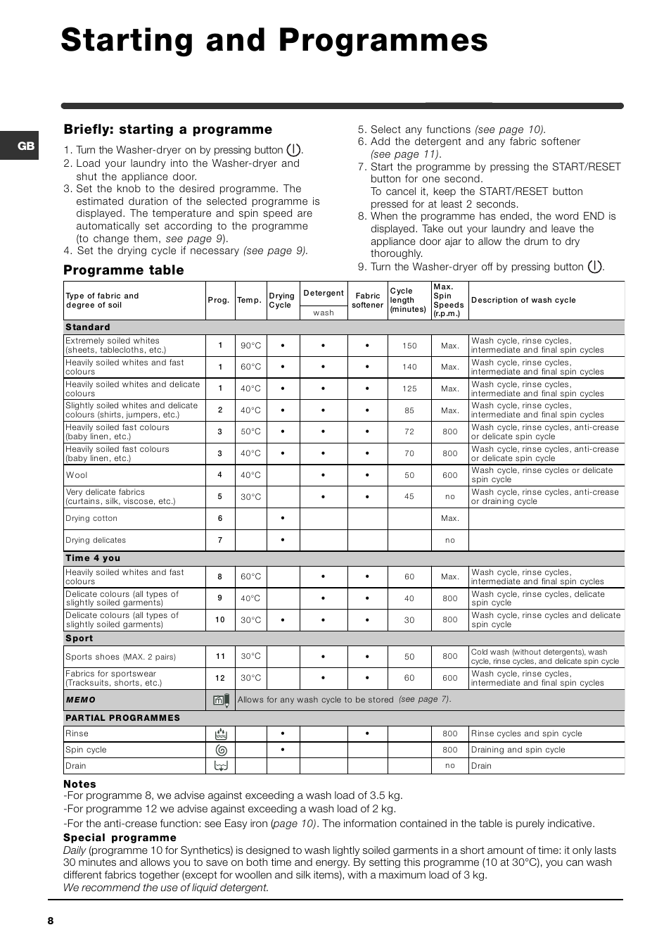 Starting and programmes, Programme table briefly: starting a programme | Indesit WIDXE 146 S User Manual | Page 8 / 16