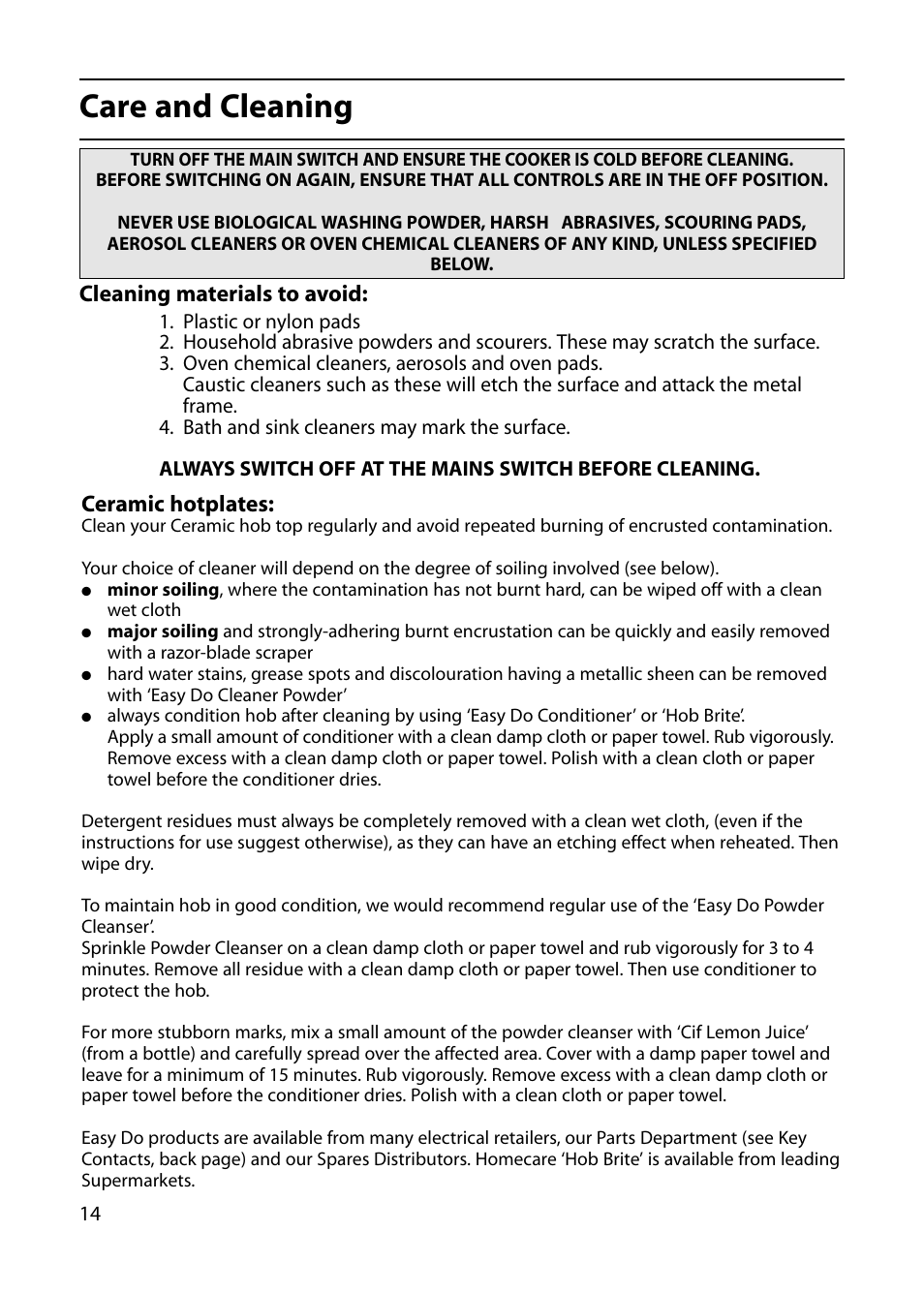 Care and cleaning, Cleaning materials to avoid: ceramic hotplates | Indesit KP100CX User Manual | Page 14 / 24