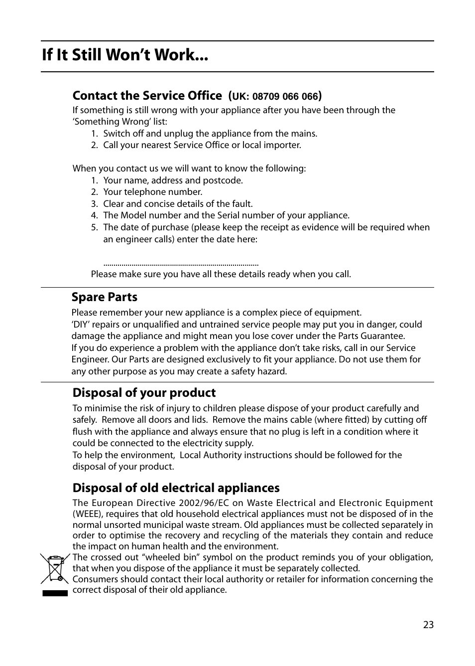 If it still won’t work, Contact the service office, Disposal of your product | Disposal of old electrical appliances, Spare parts | Indesit KP100CX User Manual | Page 23 / 24