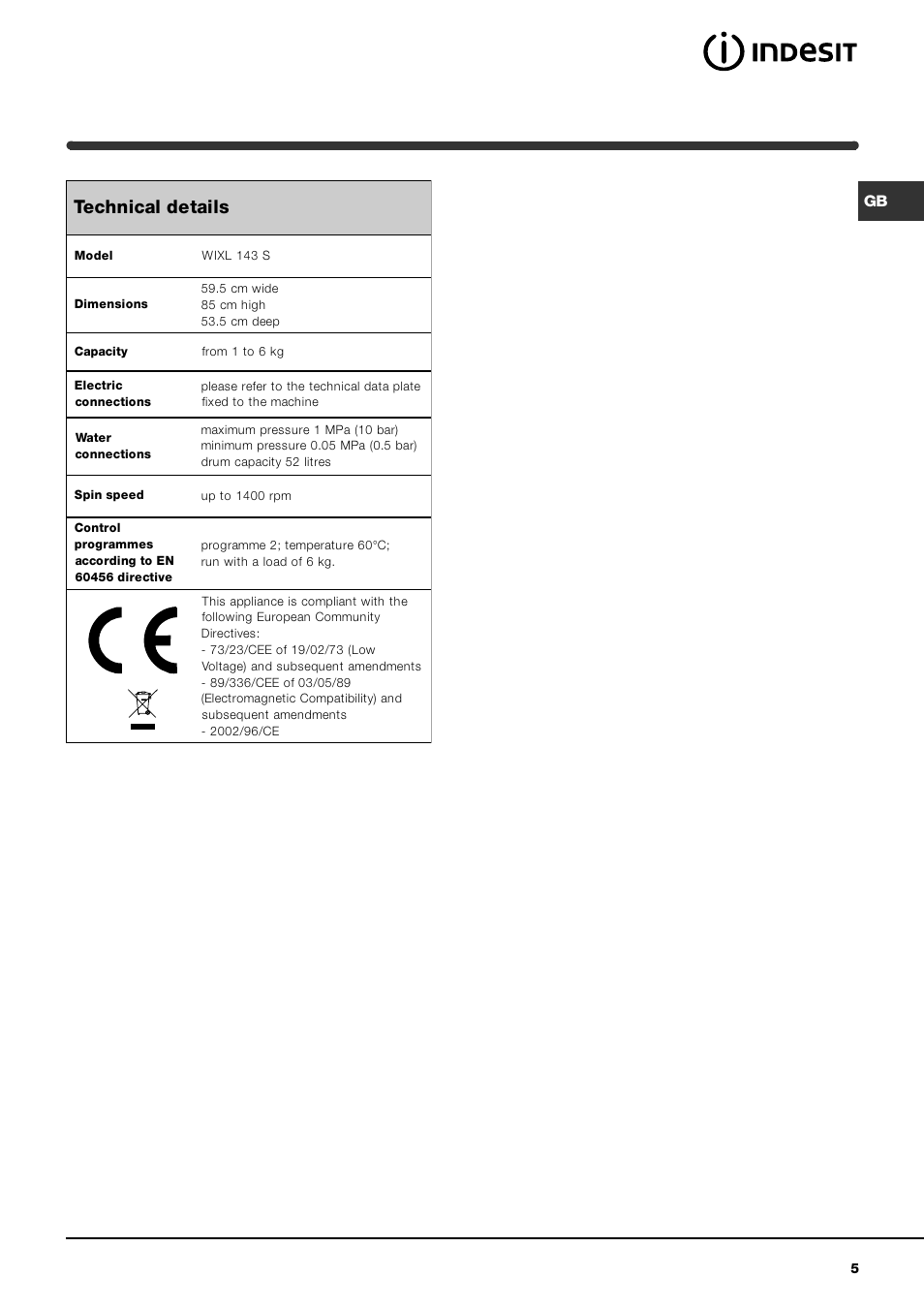 Technical details | Indesit WIXL 143 S User Manual | Page 5 / 16