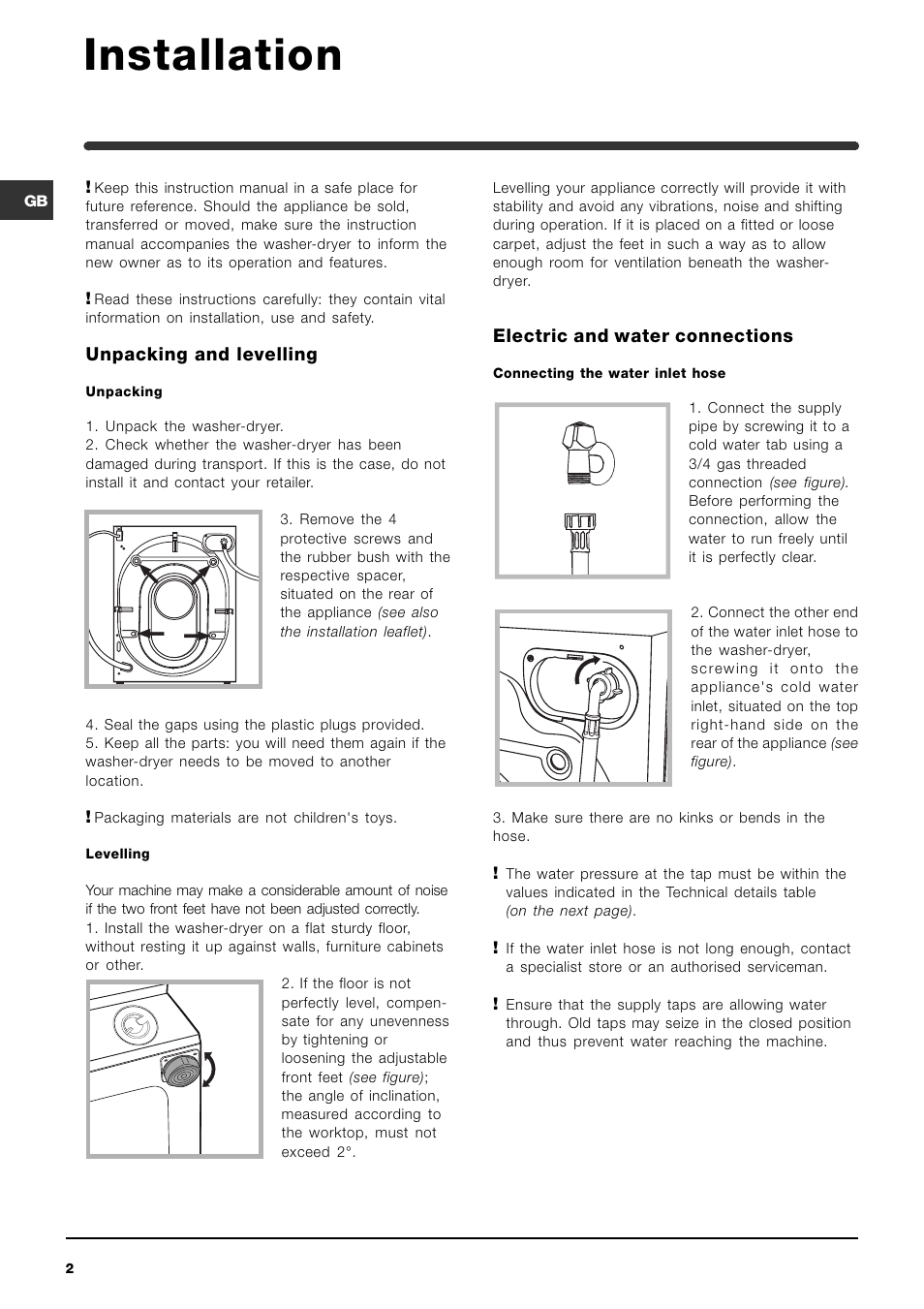 Installation, Unpacking and levelling, Electric and water connections | Indesit GB IWDE 126 User Manual | Page 2 / 20