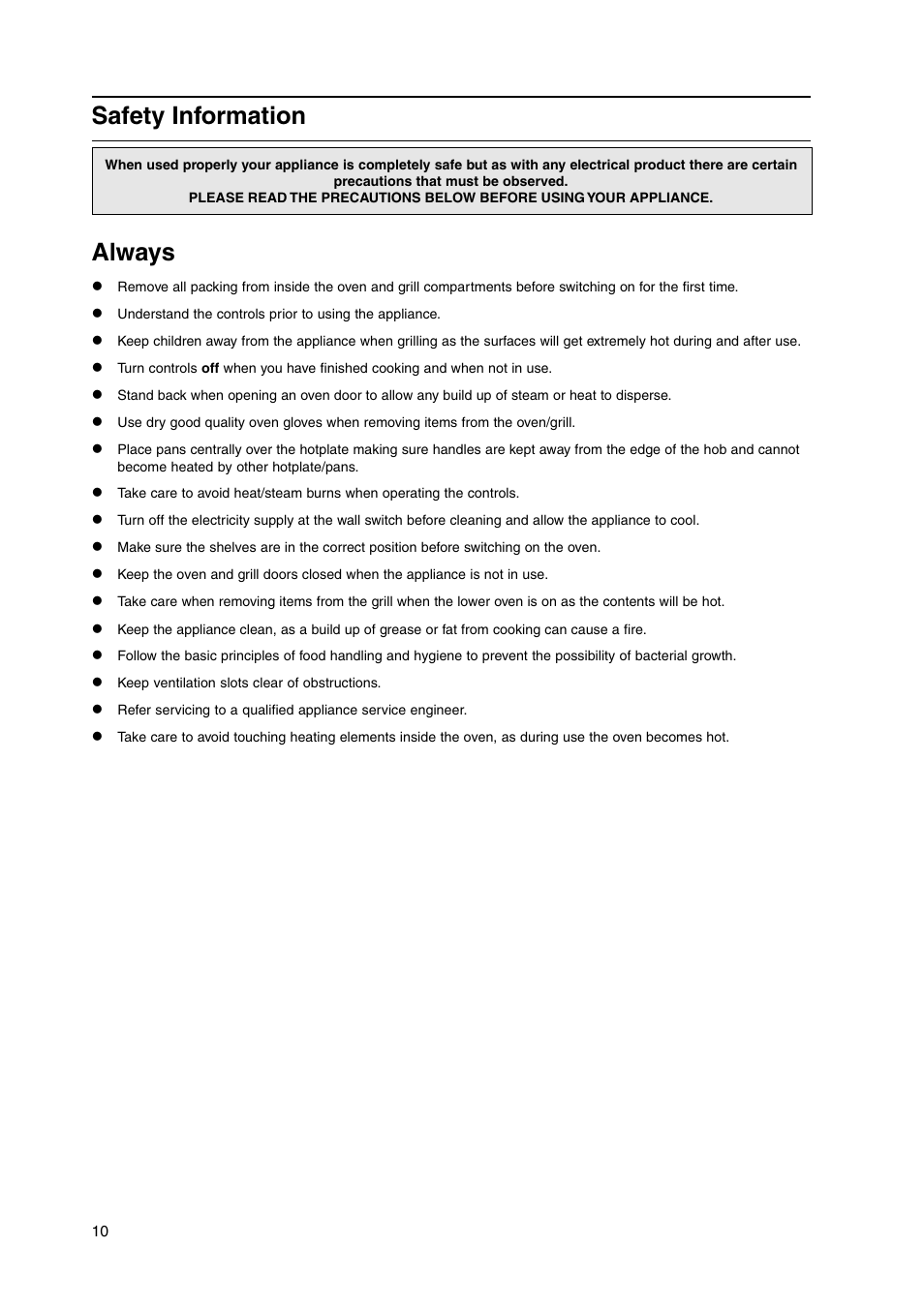 Safety information, Always | Indesit KD3G2S/IR User Manual | Page 10 / 24