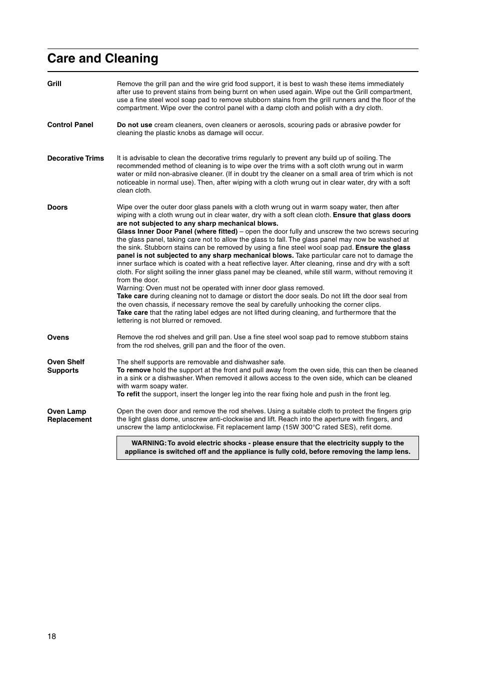 Care and cleaning | Indesit KD3G2S/IR User Manual | Page 18 / 24