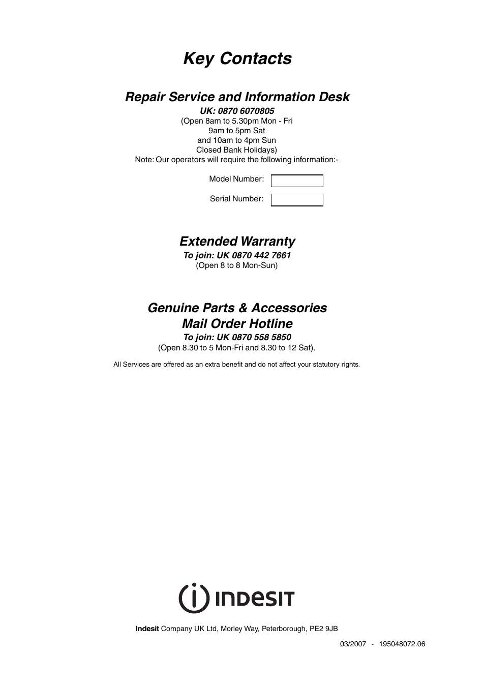 Key contacts, Repair service and information desk, Extended warranty | Genuine parts & accessories mail order hotline | Indesit KD3G2S/IR User Manual | Page 24 / 24
