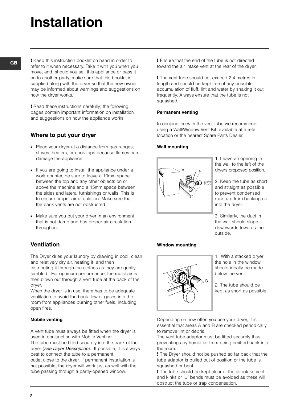 Installation, Where to put your dryer, Ventilation | Indesit ISL60V User Manual | Page 2 / 16