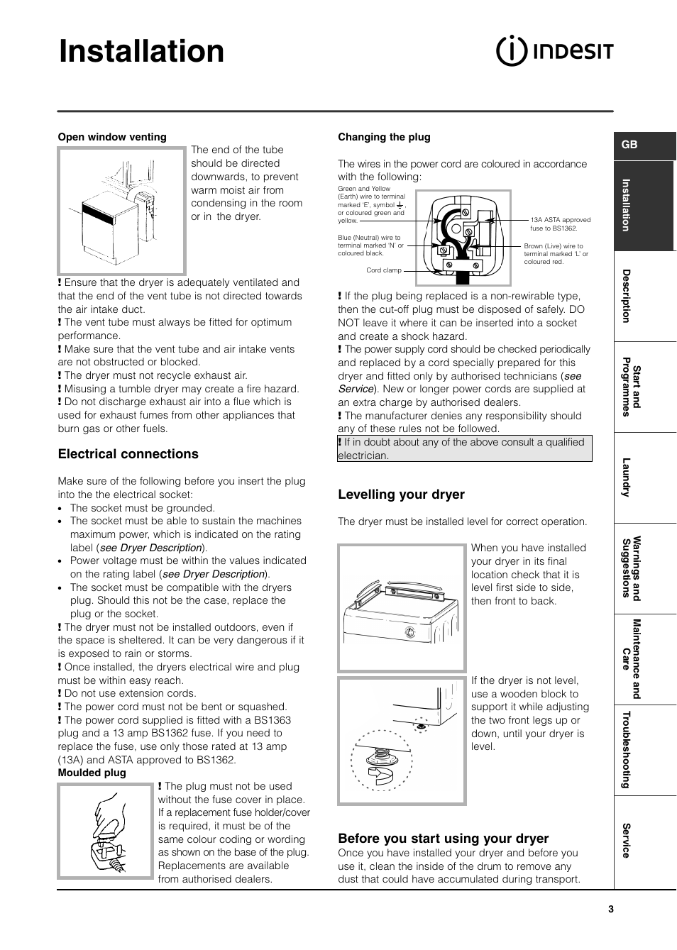 Installation, Electrical connections, Levelling your dryer | Before you start using your dryer | Indesit ISL60V User Manual | Page 3 / 16