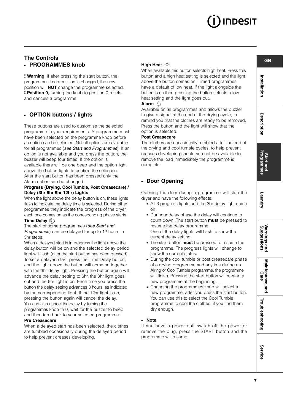 Door opening, Programmes knob, Option buttons / lights | The controls | Indesit ISL60V User Manual | Page 7 / 16