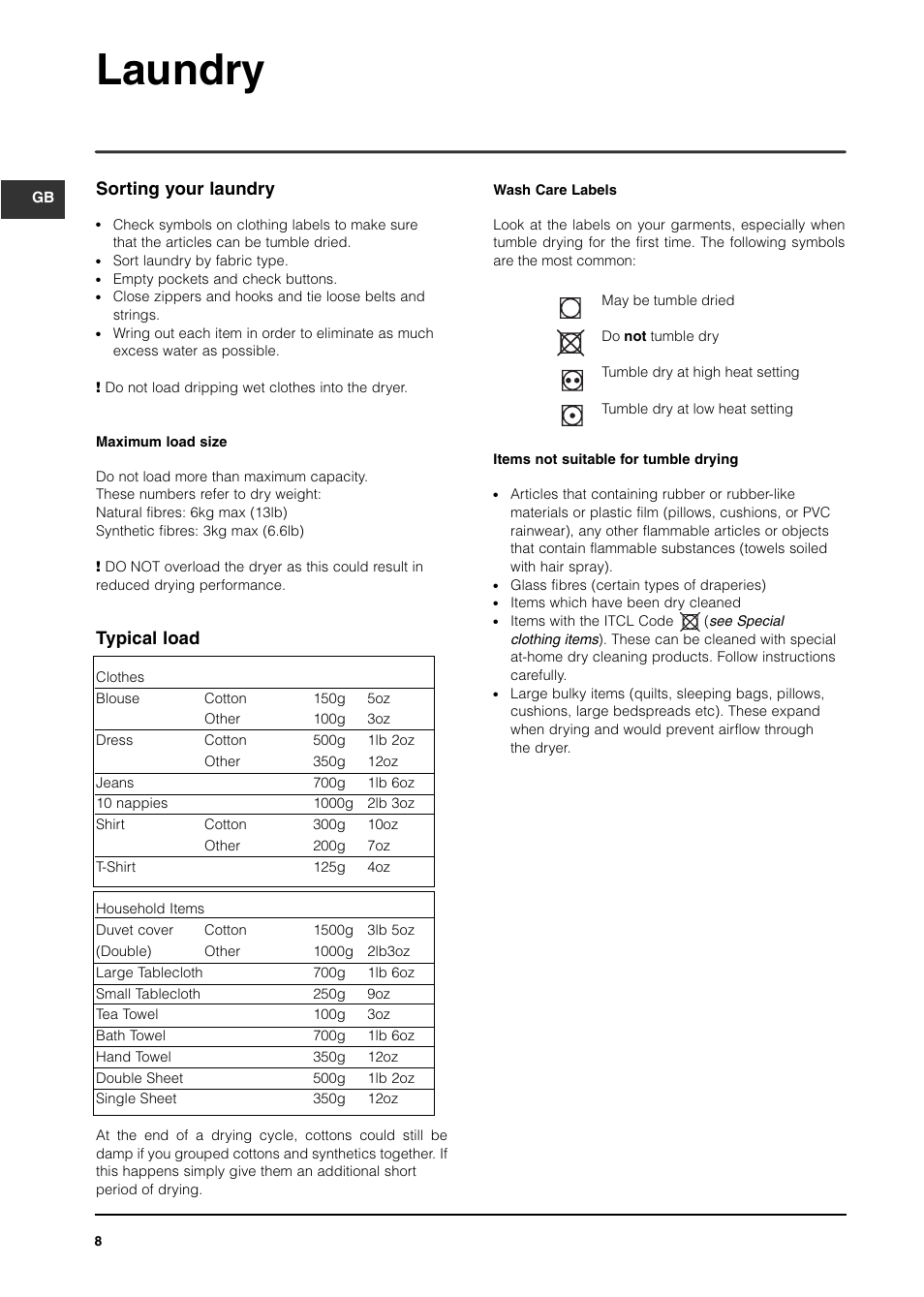 Laundry, Sorting your laundry, Typical load | Indesit ISL60V User Manual | Page 8 / 16