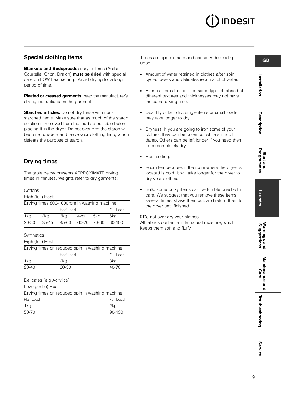 Special clothing items, Drying times | Indesit ISL60V User Manual | Page 9 / 16