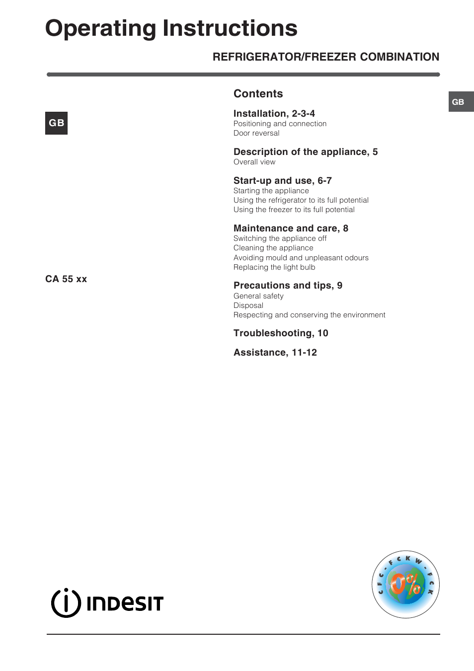 Indesit CA 55 XX User Manual | 12 pages