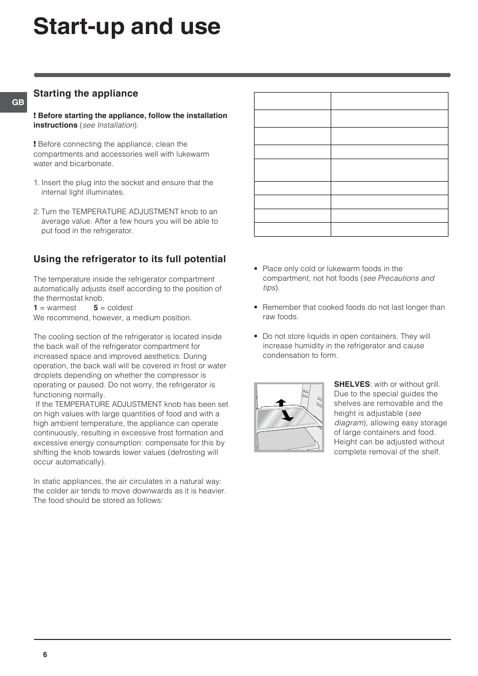 Start-up and use, Starting the appliance, Using the refrigerator to its full potential | Indesit CA 55 XX User Manual | Page 6 / 12