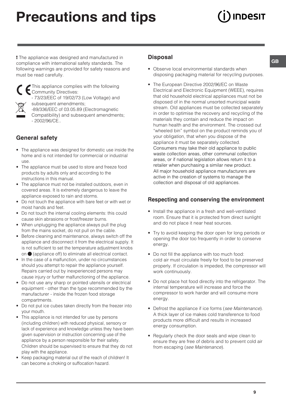 Precautions and tips | Indesit CA 55 XX User Manual | Page 9 / 12