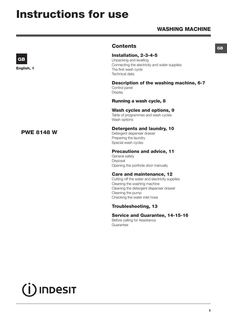 Indesit PWE 8148 W User Manual | 16 pages