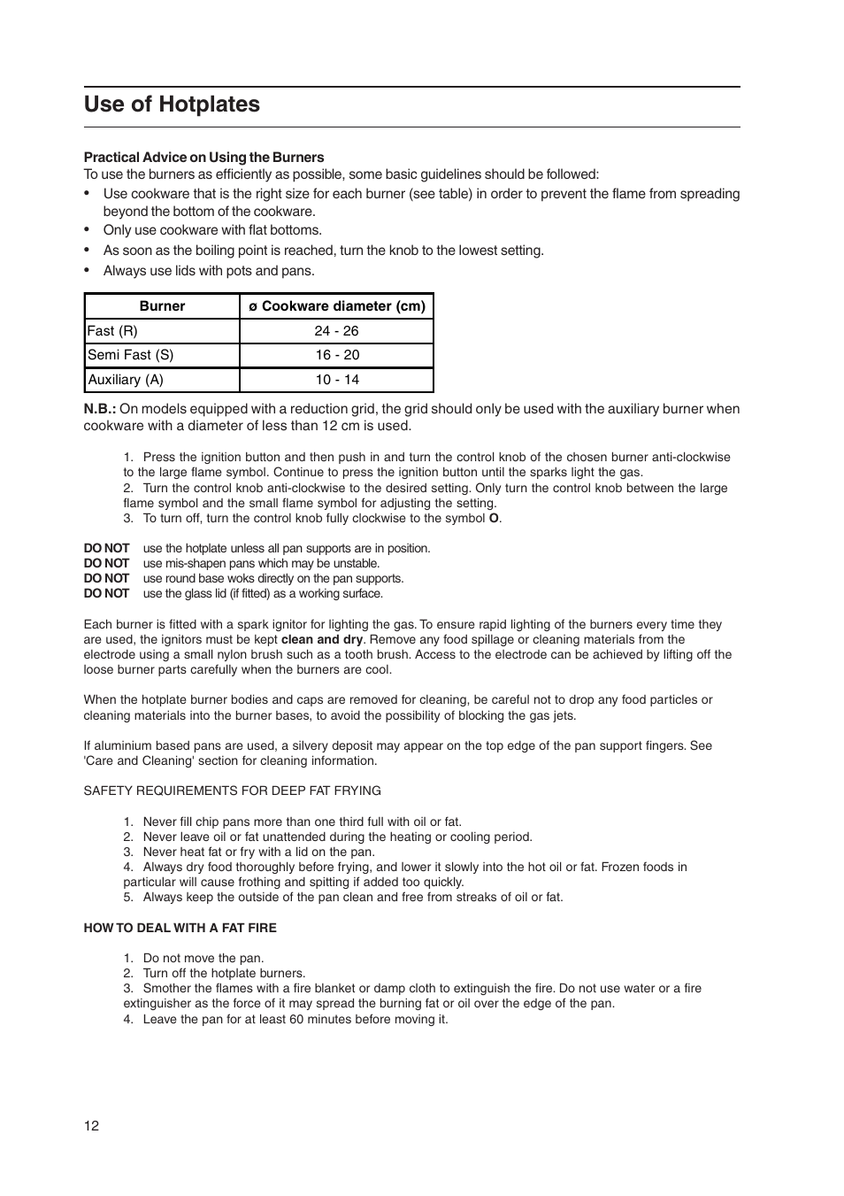 Use of hotplates | Indesit KD3G11/G User Manual | Page 12 / 24