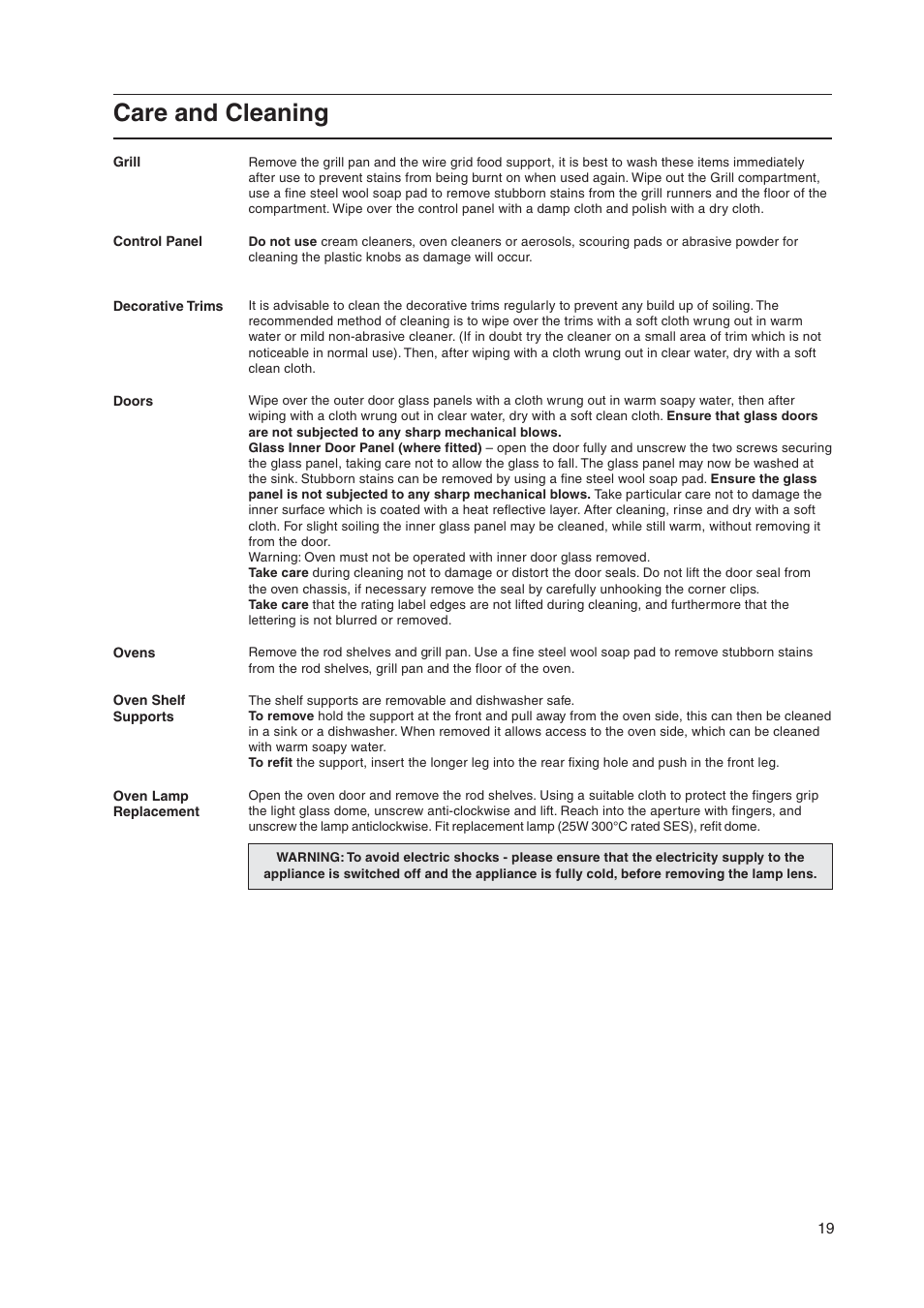 Care and cleaning | Indesit KD3G11/G User Manual | Page 19 / 24