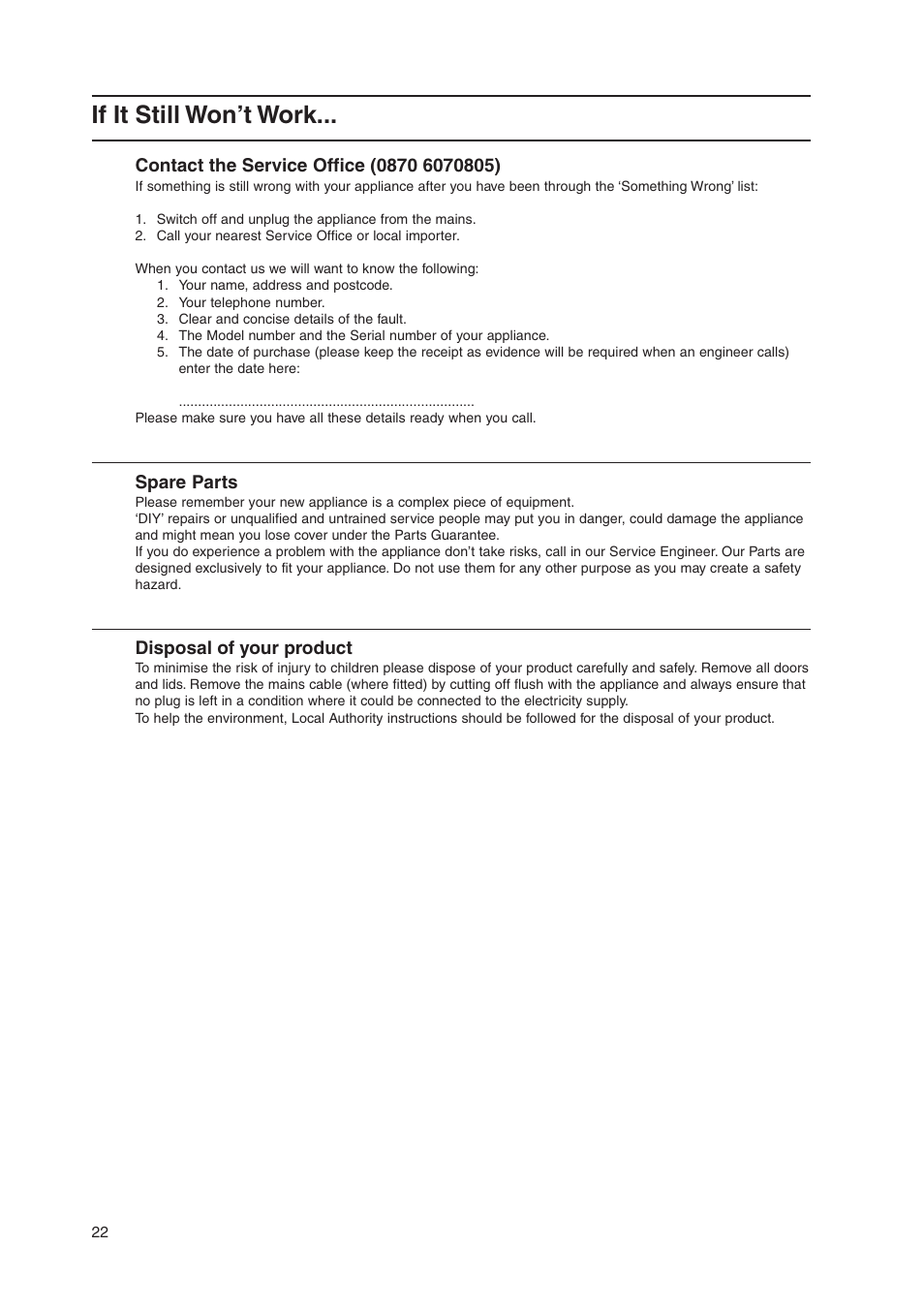 If it still won’t work | Indesit KD3G11/G User Manual | Page 22 / 24
