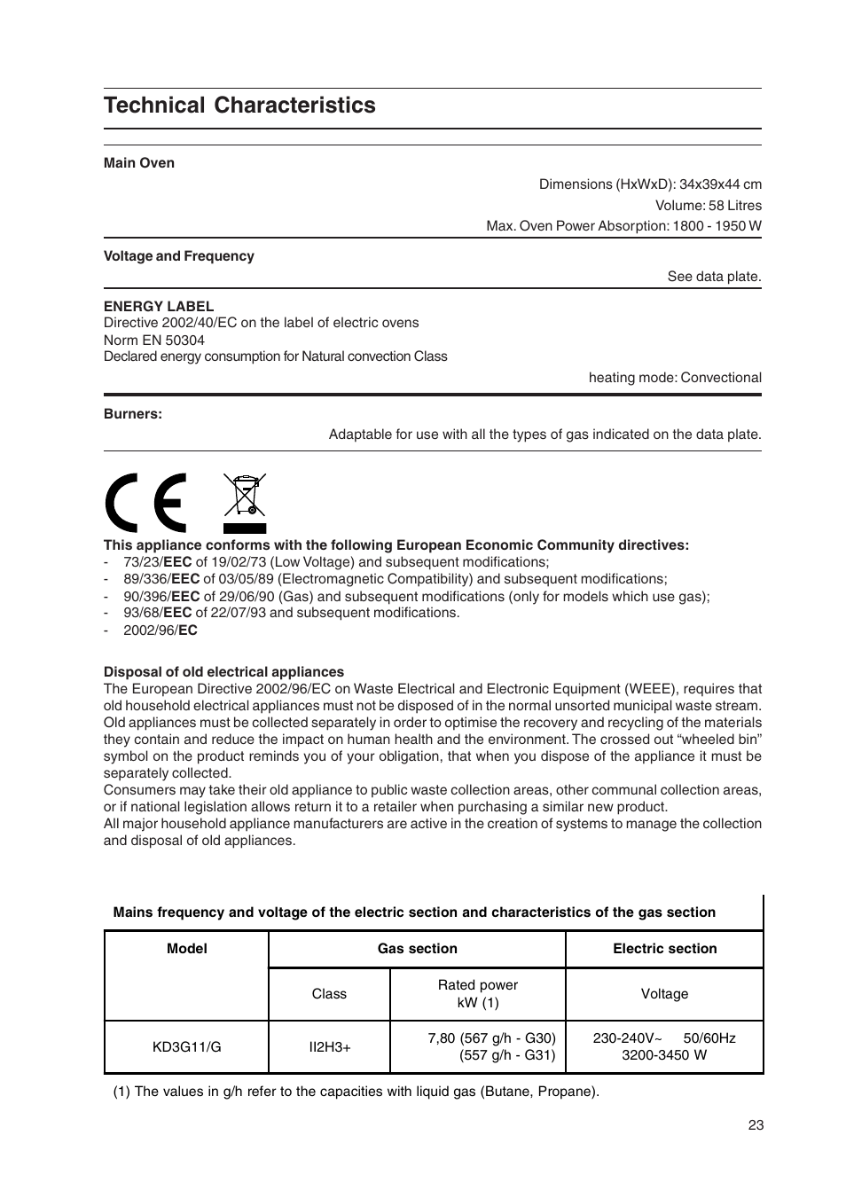 Technical characteristics | Indesit KD3G11/G User Manual | Page 23 / 24