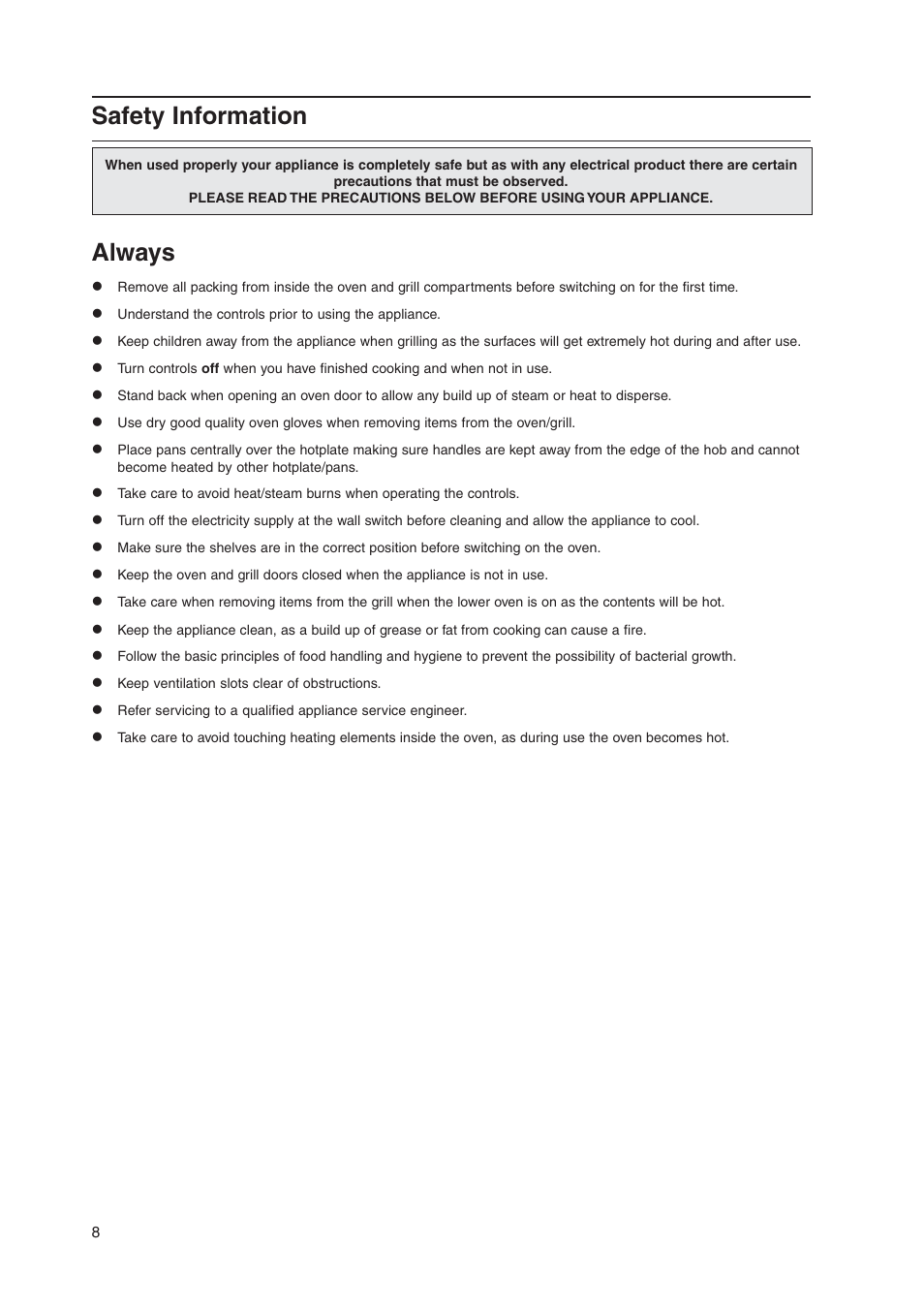 Safety information, Always | Indesit KD3G11/G User Manual | Page 8 / 24